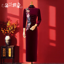 时尚名兰世家喜婆婆婚礼服喜妈妈婚宴装高贵年轻七分袖丝绒高级感喜服结婚旗袍 枣红45 L