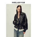 付智恩 摩登女王 双色油蜡绵羊皮腰带款廓形短款真皮夹克皮衣外套 灰褐色 M