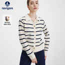 Navigare意大利小帆船女全羊毛针织开衫假两件毛衣外套2334095503白黑M