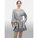 ELLE灰色抽绳收腰卫衣套装女2026春新款a字伞裙时髦高级感两件套 浅灰 S