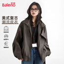 班尼路（Baleno）2025新款秋冬季皮衣外套女经典美拉德咖啡色皮夹克设计感潮流上衣