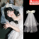 岚束（LANSHU）白色新娘头纱领证登记头饰求婚蓬蓬纱蝴蝶结发饰婚纱拍照道具头饰 蝴蝶结爱心头纱60cm【发夹款】