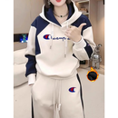 冠军闪电（CHIONPEAN）美国重磅船长杏色套装女春秋连帽卫衣阔腿裤秋冬加绒拼色两件套 杏色加绒套装 XL