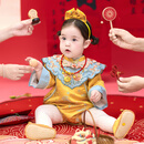 旗铂周岁女宝礼服国风抓周宴礼服套装生日宴衣服秋 玉蝶笙香 80