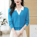 2025秋季新款拼接假两件polo领洋气针织衫女高端显瘦软糯打底 蓝色 2XL 130-140斤