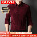 GUYN男装品牌长袖衬衫男秋冬中青年灯芯绒休闲条绒有口袋衬衣 红色 L 170/110(建议120-140斤)