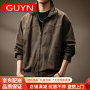 GUYN高端品牌简约刺绣工装夹克男秋季加棉复古水洗宽松外套男 咖啡 咖啡 M 适合100-120斤