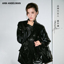 ANN ANDELMAN【吴千语同款】工装皮衣高级感抽绳皮收腰黑色皮外套 黑色 M