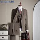 罗蒙（ROMON）【西服+马甲+西裤】莫代尔棉羊毛高定西装商务礼服外套男茶褐3XL