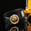 威镰史蒂芬新款皮带男鹰头镶钻豹头商务休闲鳄鱼纹牛皮蓝色裤腰带 金色+黑 无钻 110cm