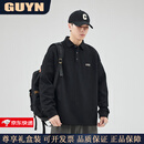 GUYN高端品牌男装2024春秋新款宽松休闲翻领POLO衫男美式复古长袖上衣 黑色 黑色 L 建议(120-140斤)
