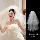 栢启歆 头纱求婚超仙钉珠蝴蝶结新娘结婚拍照领证登记蝴蝶结蓬蓬头饰 【云里钉珠蝴蝶结头纱】75cm发梳款
