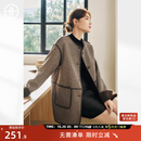 对白【AN大码系列】复合绒毛呢大衣冬季微胖mm宽松显瘦PU皮拼接外套 咖啡色 M 建议体重110-125