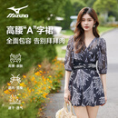 美津浓（MIZUNO）泳衣女士连体裙摆速干短袖保守平角短裤大码温泉装备AB318黑XL