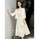 梵希蔓优雅中式套装女春季新款提花马甲圆领连衣长裙套装 优雅杏   M   