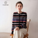 帕什羊绒衫女开衫25秋冬新款圆领加厚条纹针织毛衣外套MC-2539 黑色 M