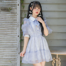 ROJITA日系清楚系小飞袖短裙女夏季甜美小个子修身碎花连衣裙(1523242) 蓝色 均码