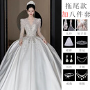 季节里婚纱新娘主纱2025高级感小个子秋冬大码遮肚重工爆闪结婚法式长袖 拖尾款+八件套 M