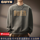 GUYN高端品牌男装美式复古350g重磅圆领卫衣男秋季新款字母印花体恤男 灰绿 灰绿 4XL 适合200-220斤
