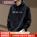 UOSO美式连帽重磅黑色卫衣男秋季字母印花长袖新款宽松休闲打底帽衫男 黑色 S 适合90-110斤