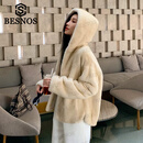BESNOS意大利品牌进口紫标天鹅绒水貂皮草外套貂皮大衣女整貂短款连帽 米黄本色 L 120-140斤