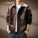 FOSEKI高端品牌男装日系复古机车翻领PU皮衣男秋季新款高街潮牌宽松飞行 棕色 M 适合100-120斤