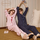 果壳（Gukoo）情侣睡衣春秋款迪士尼系列条纹翻领纯棉长袖女家居服套装 古粉 L