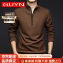 GUYN品牌男装卫衣男半拉链立领休闲春秋季潮流条纹提花打底衫 咖色 S 165