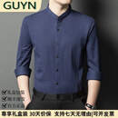 GUYN轻奢男装品牌2025春秋季新款中青年立领衬衫男纯色棉麻衬衣男 藏青色 藏青色 M