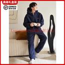 FENTENGG【抗静电】羊羔绒情侣连帽睡衣女冬季珊瑚绒加厚男家居服套装 74401墨蓝-男 XL