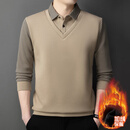 【秋冬爆款】高档男士加绒加厚休闲上衣 衬领卫衣 时尚百搭polo衫 浅卡其 XL /175【建议130斤-150斤】