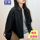 罗蒙品牌真皮皮衣外套女2025新款短款复古宽松小绵羊皮夹克外套 经典黑 S 90-116斤