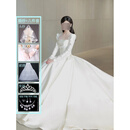 小憨鹿婚纱新娘主纱2025高级感秋冬长袖新款法式复古缎面质感风迎宾纱大 白色拖尾款《婚纱+8件套》 XS 体重80斤左右