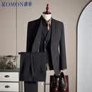 罗蒙（ROMON）【西服+马甲+西裤】莫代尔棉羊毛高定西装商务礼服外套男黑色3XL