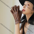 MCSAQ真皮手套女山羊皮冬季加绒加厚骑行开车时尚修手真皮手套蝴蝶结 情人棕 [礼盒装]【羊毛里】全掌触屏 S 默认