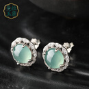 曼拉玉裴天然翡翠蛋面耳钉女冰糯种天空蓝裸石戒面银镶嵌耳饰一对 款式1