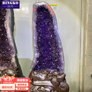 冰珂晶石客人定制的紫晶洞摆件配檀木底座紫气东来 紫晶洞