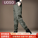 UOSO美式设计感休闲工装裤男秋季新款宽松直筒束脚军绿弹力潮牌裤子男 军绿色 S