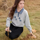 百图（betu）女装2025年秋季新款卫衣趣味撞色字母绣花牛仔拼接上衣女2509T59 灰色 M