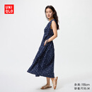 优衣库女装棉质印花打褶连衣裙无袖裙子度假碎花480629 69 藏青色 M /160/84A