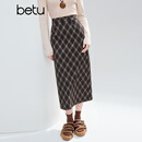 百图（betu）女装2025年冬季新款半身裙高级感气质格纹后开叉高腰裙子2510T74 咖色格 M
