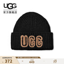 UGG秋季新款女士时尚舒适纯色LOGO粗罗纹毛线帽休闲针织帽 102345 BLK | 黑色 O/S