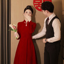 Libaixin新中式改良年轻款长袖旗袍红色订婚礼服回门小个子新娘结婚敬酒服 酒红色 L 建议105-110斤