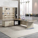 咏幻老板办公桌简约现代总裁桌经理主管桌椅组合大班台办公室轻奢单人 木皮胡桃+卡其色、书柜3200*400*2000