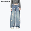ANN ANDELMAN【张含韵同款】阔腿牛仔裤女秋冬绣花蝴蝶水洗休闲弯刀裤 蓝色 24
