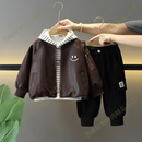 ONEDEW男童秋装儿童套装2025新款宝宝春秋季衣服酷帅儿童皮衣外套三件套 咖色三件套 90 默认尺码16