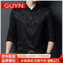 GUYN高端品牌长袖T恤男中年翻领印花Polo衫夏季商务休闲上衣 黑色 黑色 M (170)