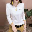 2025秋冬季时尚打底衫女士气质百搭立领拼色刺绣洋气减龄女士长袖 白色 XL 建议110-120斤