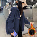 冠军闪电美国重磅卖萌藏蓝色连帽卫衣外套女秋冬新款休闲宽松加绒加厚开衫 藏蓝色加绒 M