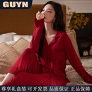 GUYN莫代尔情侣红色本命年睡衣女春秋季长袖新娘结婚家居服男套装 63366枣红-女 M